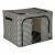 Angled view of black and white patterned storage box with zipper and clear window