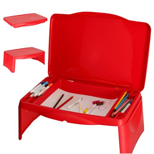 Red plastic kids car travel table with storage compartment, collage, open, in use