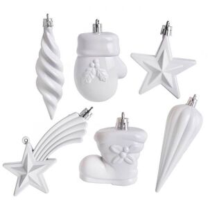 Fehér karácsonyfadísz készlet, 6 darabos, jégcsap, kesztyű, csillag, hullócsillag és csizma formákkal. - Karácsonyfadísz