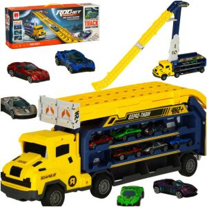 Ikonka Rocket Car Carrier Truck Playset with Race Track and 6 Die-Cast Cars - Yellow - Motorway & Parking Garage