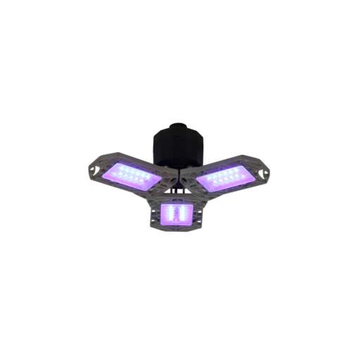 OT-UVC-6 UV-C lamp with 3 adjustable panels, emitting purple light for disinfection