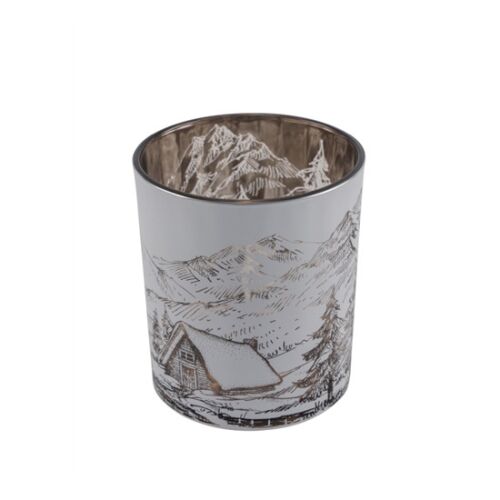 Geh.22402042 Fehér üveg mécsestartó házikóval hegyi tájon, 8,5x8,5x10cm 113256945