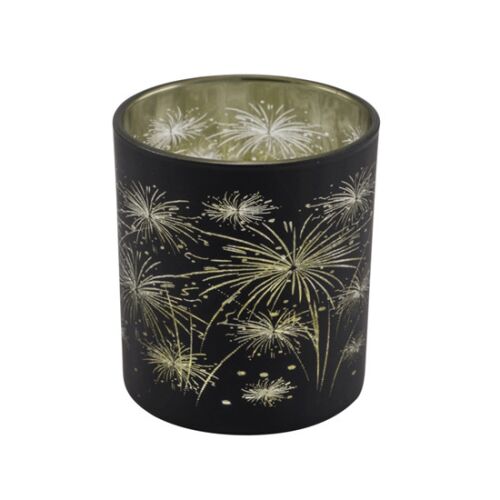 Geh.22401086 Tüzijátékos üveg mécsestartó fekete-arany, 8x8x9cm