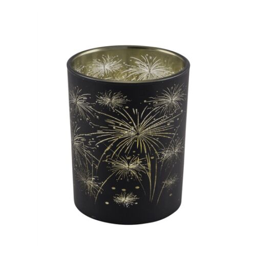 Geh.22401087 Tüzijátékos üveg mécsestartó fekete-arany, 10x10x12,5cm 113256949