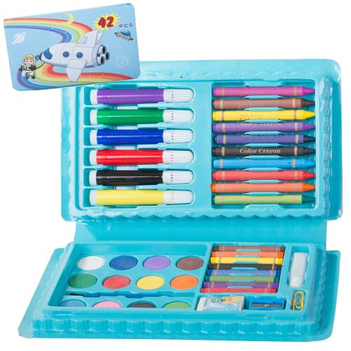 42 darabos festő és rajzkészlet kék műanyag tokban, zsírkrétákkal, filctollakkal, vízsínekkel és egyéb kellékekkel