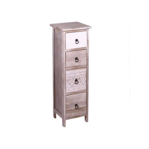 Wooden chest of drawers with 4 drawers, white and brown color, with decorative patterns