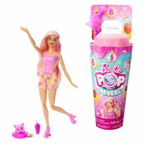 Barbie Pop Reveal Slime Изненада Кукла Ягодова Мечта, кукла Барби, която сменя цвета си с розова коса и розов бански, се предлага с чаша за слуз, аксесоари и домашен любимец - Баба и Къща за кукли