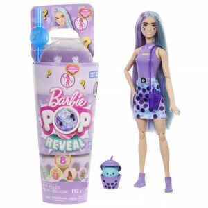 Barbie Pop Reveal Bubble Tea Series doll with purple hair and outfit, holding a purse, and a small pet in a bubble tea cup - Baba and Dollhouse