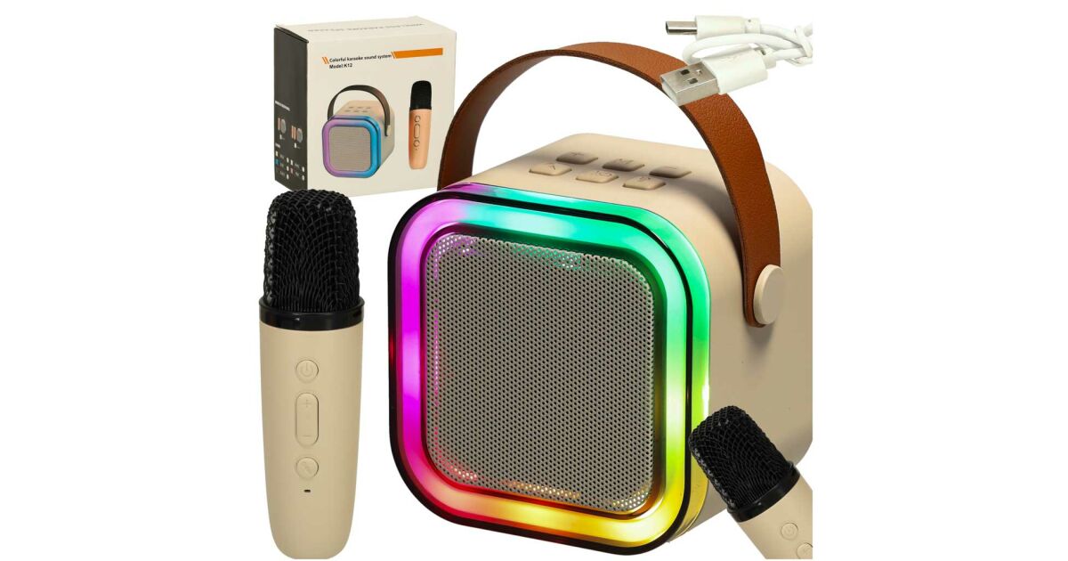 Karaoke set 2 mikrofóny + prenosný reproduktor BLUETOOTH USB LED béžová farba 113330274