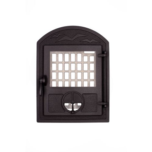 Madaras kandalló ajtó huzatszabályzóval, üvegablak