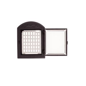 Madaras kandalló ajtó nagy üveges, nyitva ráccsal - Kandalló ajtó