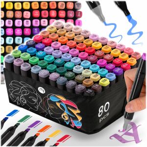 Nukido 80-piece alcohol markers set with carrying case, dual tip markers for artists and hobbyists - Back to School, School Supply