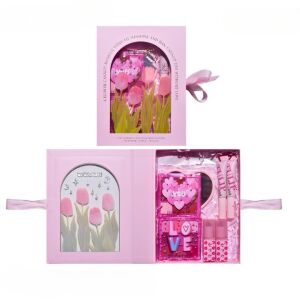 Sminkkészlet, KEVIN & COCO, 22 szín, tulipán modell, 2 szemhéjfesték paletta, 2 ajakfény, 2 ajakrúzs, 1 szívtükör, 15,7 x 21 x 4 cm, többszínű