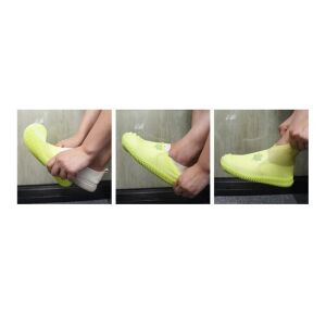 Kollázs bemutatja, hogyan kell felvenni a sárga szilikon cipővédőt - Cipővédő