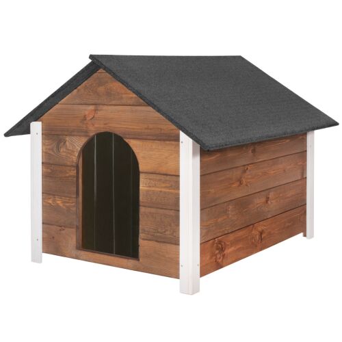 Front view of Dechland XL insulated dog house, brown wood and white trim