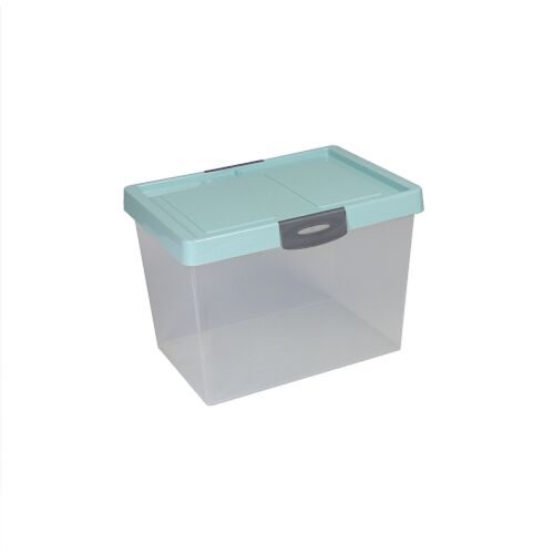 Flair 25L Big Box műanyag tárolódoboz fedővel, zöldeskék és átlátszó