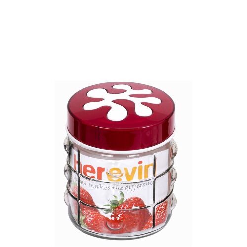 Iris 1000ml üveg fűszertartó piros tetővel, négyzetes mintával