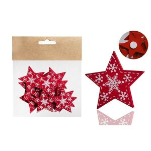 12 darabos piros fa csillag karácsonyi dísz fehér hópehely mintával, 4 cm - Szezonális dekoráció