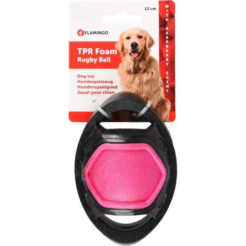Flamingo TPR hab rögbi labda kutyajáték, 13 cm, rózsaszín és fekete, málna illattal