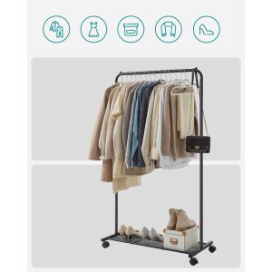 Mobil ruhatartó állvány kerekekkel, Mercaton, cipőtartóval, acél, fekete, max 40 kg, 90,5x40,5x158 cm, 90,5x40,5x158 cm.