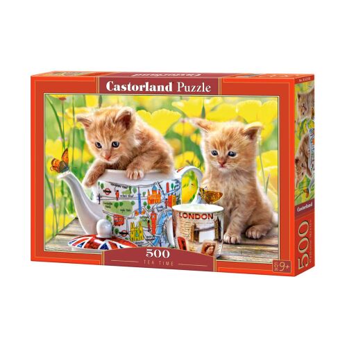 Puzzle Castorland 500 de piese, Tea Time, cu doi pisoi într-un cadru cu ceașcă și ceainic de ceai