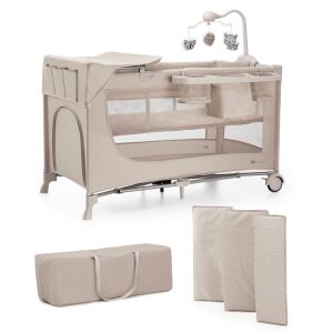 KinderKraft Joy 2 Beige Reisebett mit Zubehör, Wickeltisch und Mobile - Kinderkraft