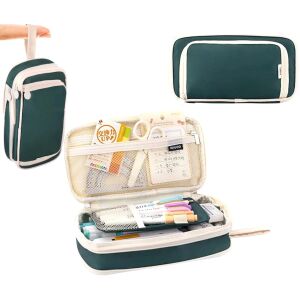 Tágas iskolai ceruza rendszerező, zöld, poliészter, 21,5x11x6 cm