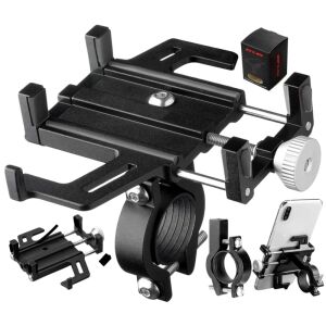 Univerzális kerékpárkormány telefontartó, alumínium + szilikon szalag, 9x8,7x10 cm