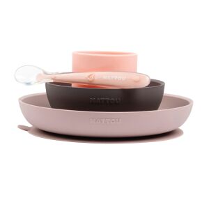 Nattou Silicone 4-Piece Baby Feeding Set with Cup - Pink and Eggplant - Children's dinnerware set