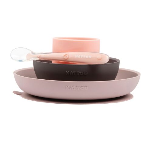 Nattou Silicone 4-Piece Baby Feeding Set with Cup - Pink and Eggplant