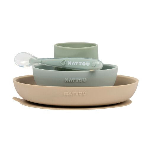 Nattou silicone dinnerware set, 4-piece sand and green, includes plate, bowl, cup, and spoon