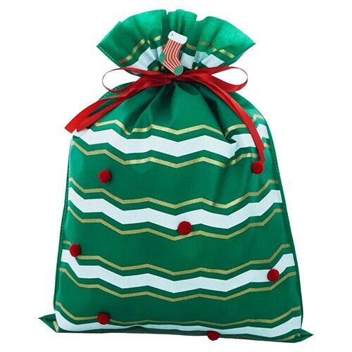 Festa! Karácsonyi ajándék textilzsák, zöld-fehér csíkos, 40x55cm