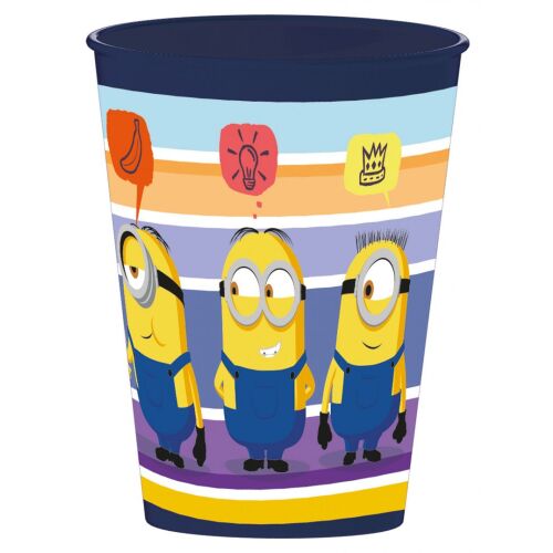 Minyonok (Minions) csíkos műanyag pohár, 260 ml, Minyonok karakterekkel.