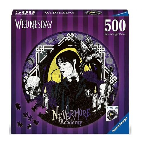 Ravensburger Wednesday 500 darabos kör alakú kirakó puzzle Nevermore Academy mintával.