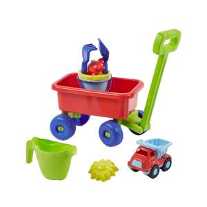 Carucior de plajă Ecoiffier roșu cu mâner și roți verzi, include găleată, lopată, greblă, udător, camion și forme - Jucari pe nisip