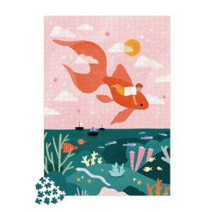 A kirakott Janod Tengeri álom 1000 darabos puzzle egy fantasztikus víz alatti világot ábrázol, ahol egy fiú egy óriási aranyhalon lovagol. - Janod