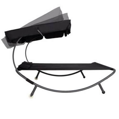 Black double sun lounger with adjustable canopy, two pillows, and wheels for easy movement
