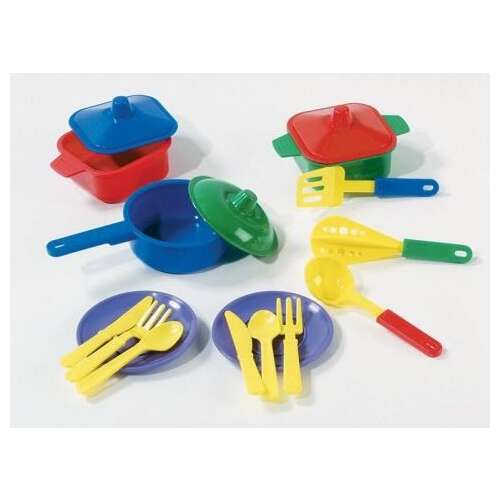 Játék konyhai szett edényekkel, tányérokkal, villákkal, késekkel és kanalakkal