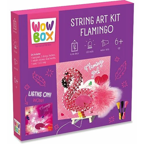WOW Box Kit de Artă cu Ață Flamingo, creează propria ta artă flamingo strălucitoare, include ață, cuie, lumini LED și instrucțiuni