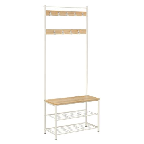 Előszoba fogas polccal, akasztókkal, cipőtartóval és ülőkével, tölgy és fehér 175x70x32cm 113746889