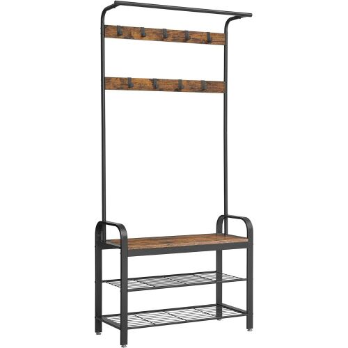 Előszoba fogas polccal, akasztókkal, cipőtartóval és ülőkével, rusztikus barna 183x84x33cm 113746961