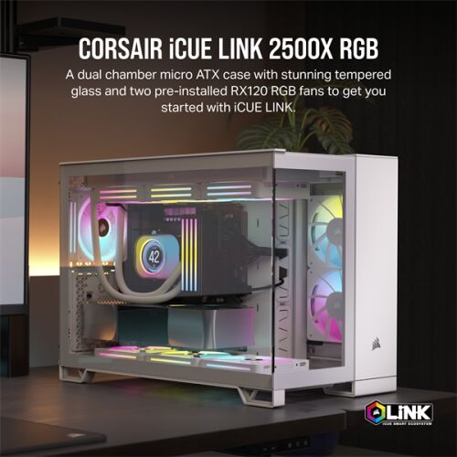 CORSAIR Ház iCUE LINK 2500X RGB Dual Chamber, 2xRX120 RGB Ventilátor, Tápegység nélkül, Edzett Üveg, fehér (CC-9011268-WW)