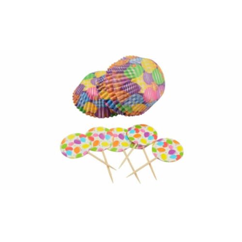 Súprava na zdobenie muffinov s farebnými bodkovanými košíčkami a vlajočkovými ozdobami