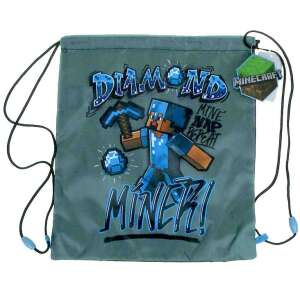 Minecraft Diamond Miner drawstring bag, grey with blue and black details - Minecraft