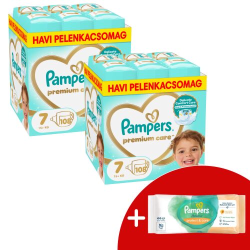 Pampers Premium Care 2 месечни пакети пелени 15 кг + Junior 7 (216 бр.) + кърпички за подарък 145308800