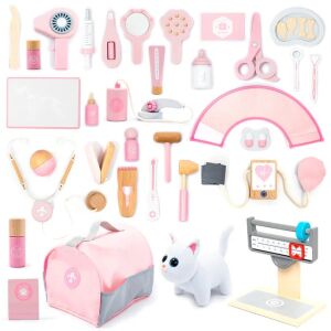 UMU Toys Pinkes Tierarzt-Spielset mit 37 Teilen, darunter eine Katze, eine Tragetasche, eine Waage, ein Nagelschneider, eine Spritze, ein Föhn, eine Schere, Katzenfutter, Salbe, ein Hammer, ein Sauggerät, ein Schutzkragen, ein Stethoskop, ein Blutdruckmessgerät, Augentropfen, Medikamente, Desinfektionsmittel, eine Sonde, ein Thermometer, Spielzeug, ein Mundspiegel, ein Zungenspatel, eine Pinzette, eine Bürste/Kamm, ein Spiegel, ein Röntgenbild, eine Tablette, ein Patientenbrett und Spray - UMU Toys
