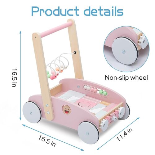 Cărucior de mers din lemn roz cu centru de activitate, UMU Toys, 5 în 1, pentru bebeluși, cărucior pentru bebeluși, cărucior de învățare, jucărie de împins și tras, jucării pentru bebeluși, jucării din lemn, jucării educative