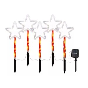 Solarne 5-pakowe gwiazdkowe lampki choinkowe, białe światło, 40 cm długości, czerwono-biały wzór laski cukrowej, dekoracja zewnętrzna - Lightshine, Dekoracja świąteczna na zewnątrz, Ozdoby choinkowe, Dekoracja świąteczna i Kostium Świętego Mikołaja