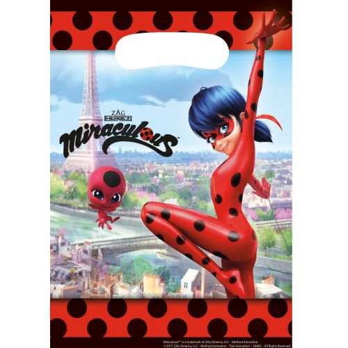 Miraculous Ladybug ajándéktasakok, 8 darabos csomag, Katicabogár és Fekete macska szerepel rajta
