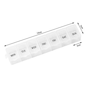 7 rekeszes gyógyszeradagoló, napi gyógyszerekhez, a hét napjaival jelölve, fehér műanyag, 15cm hosszú, 3cm széles, 2cm magas - Gyógyszeradagoló